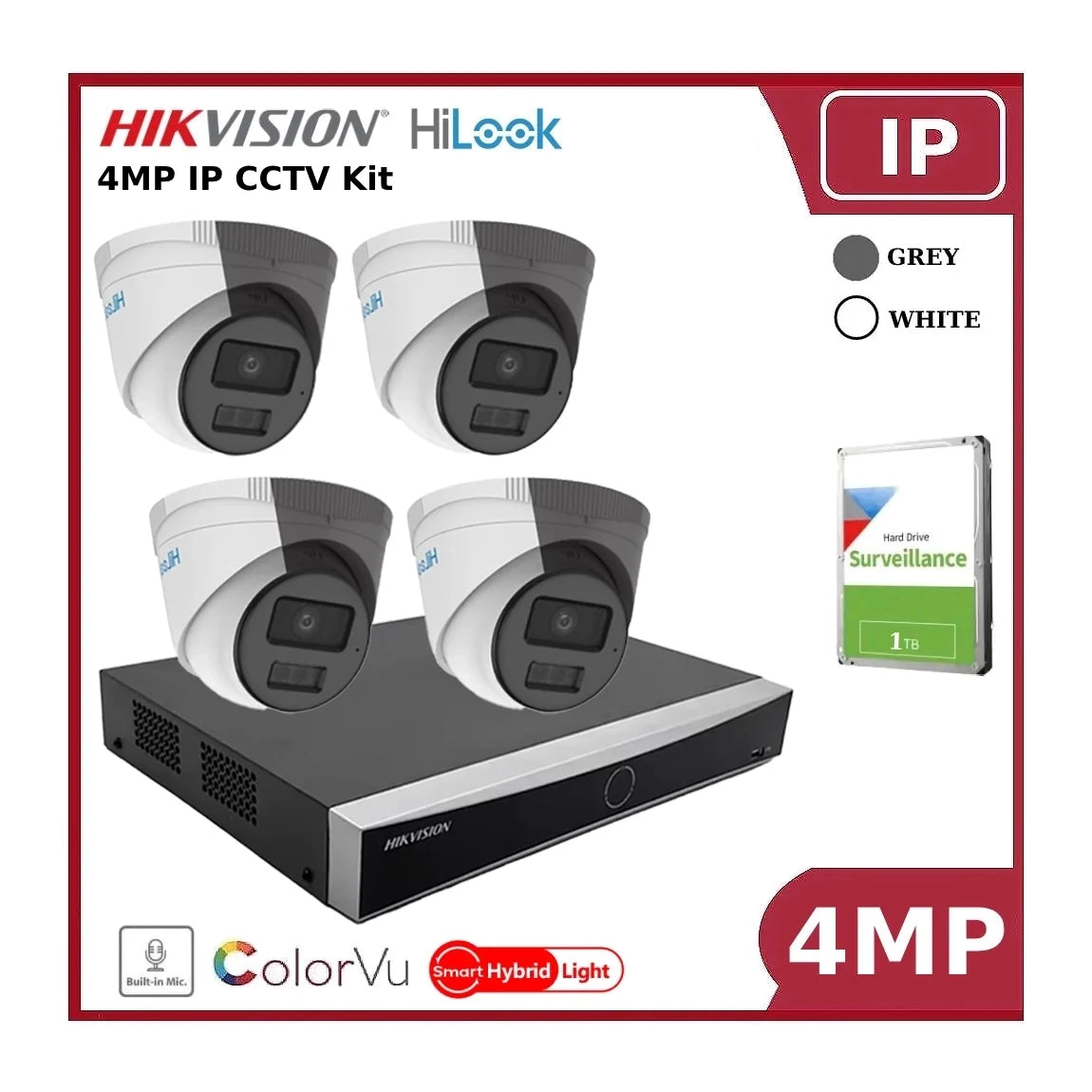 Hikvision HiLook 4MP ColorVu CCTV Kit with 4 IP Cameras, 4 Channel PoE NVR & 1TB HDD