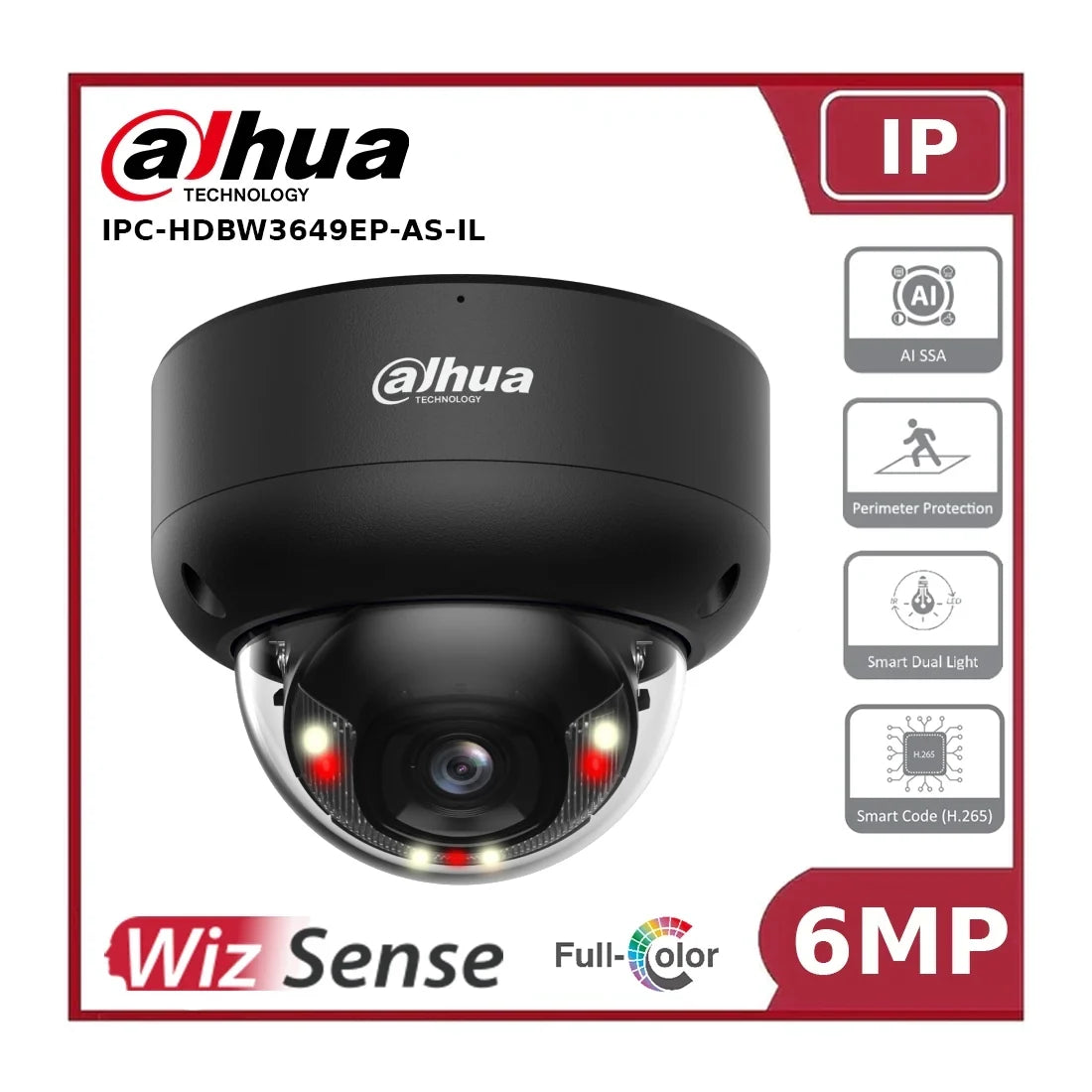 Dahua DH-IPC-HDBW3649EP-AS-IL 6MP Smart Dual Light Fixed-focal Dome WizSense Network Camera