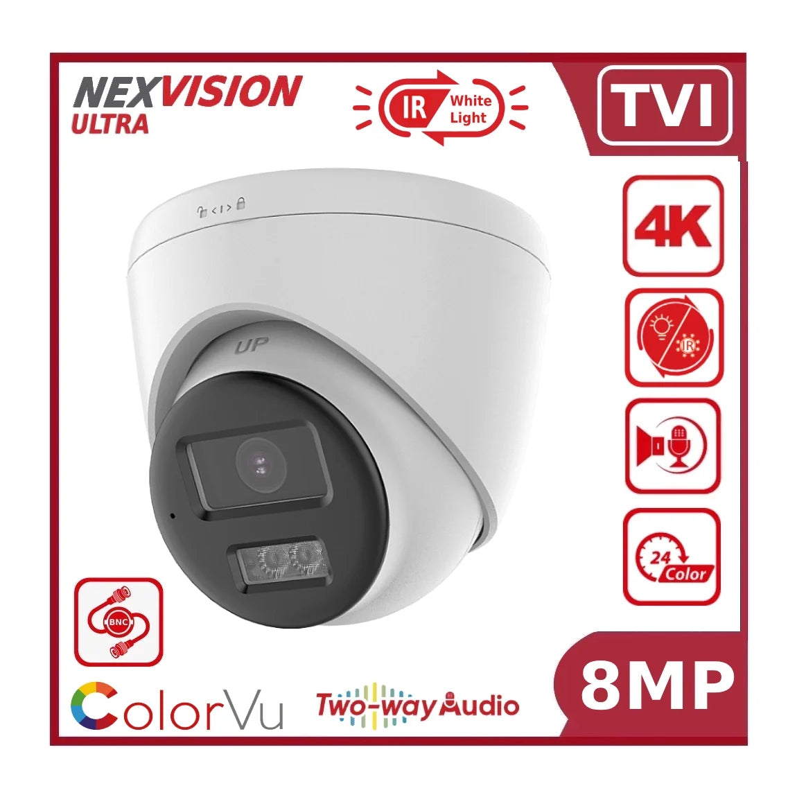 Nexvision Ultra 8MP TVI NVC-T289H-LTS 4K Turret Analigue Camera with Smart-Hybrid Light and Two-Way Audio + IR + White Light IP67