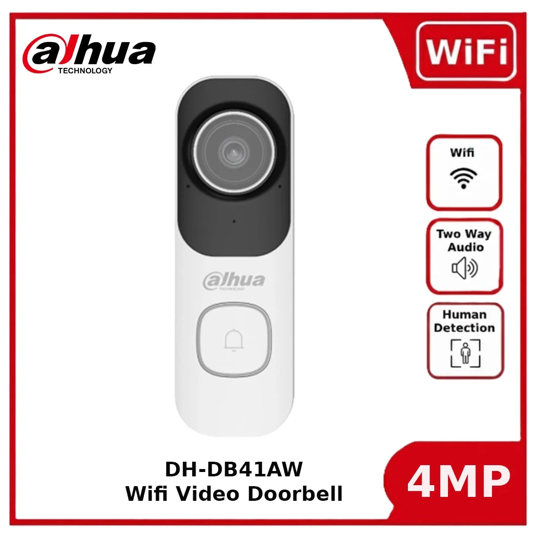 Dahua DH-DB41AW 4MP Smart Wi-Fi Video Doorbell with Two-Way Audio & Human Detection - Wired