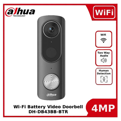 Dahua DH-DB43BB-BTR 4MP Wi-Fi Battery Video Doorbell, AI Detection, Wi-Fi 6, IP65
