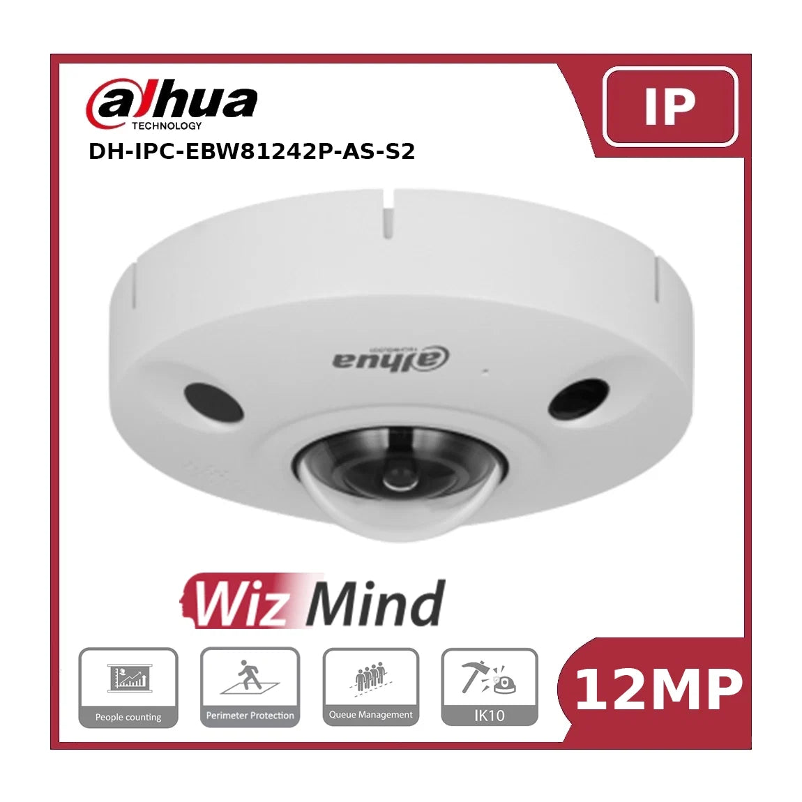 Dahua DH-IPC-EBW81242P-AS-S2 12MP IR WizMind Fisheye Network Camera with 360° Panoramic View, People Counting & Heat Mapping