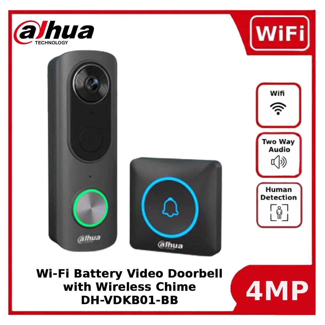Dahua DH-VDKB01-BB 4MP Wi-Fi Battery Video Doorbell with Wireless Chime, AI Detection, IP65