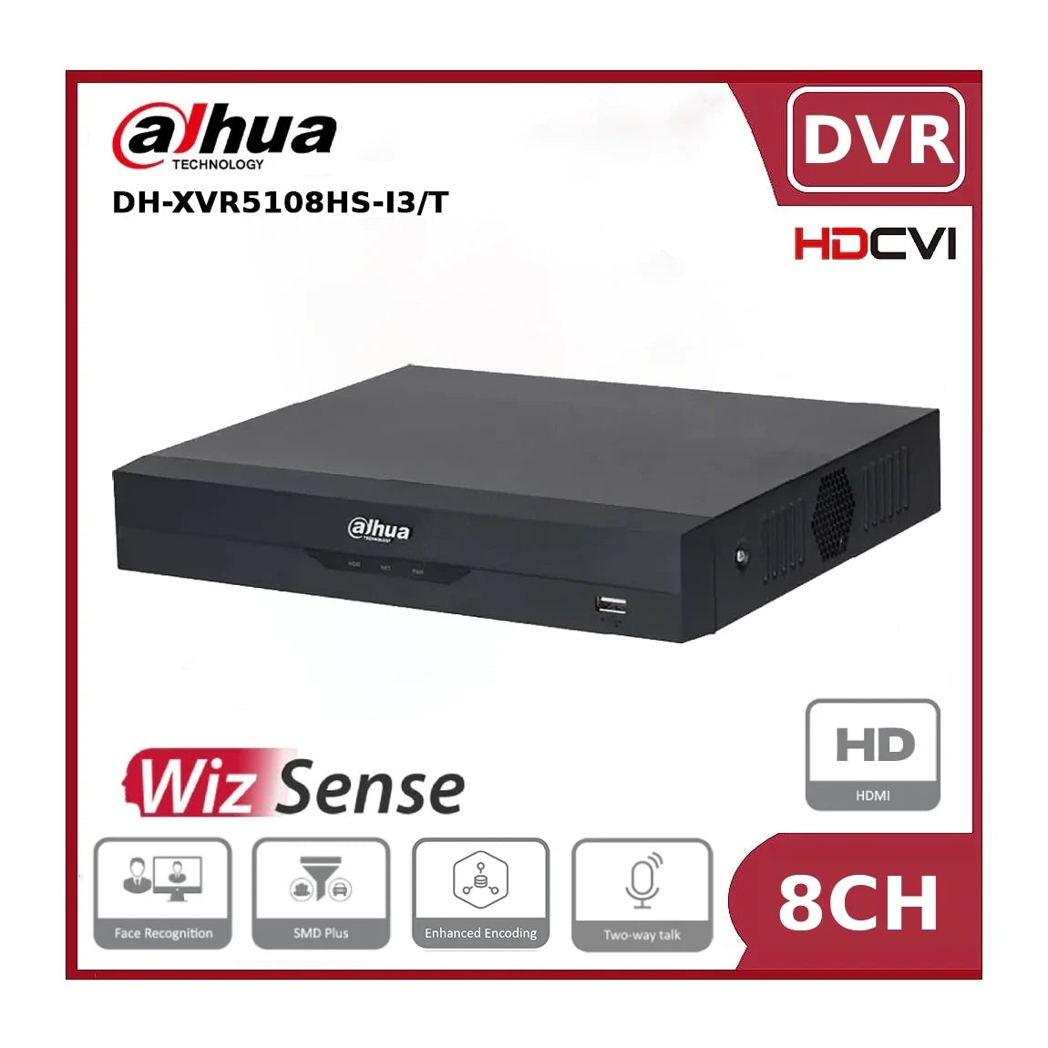 Dahua XVR5108HS-I3/T 8 Channel Penta-brid 5MP WizSense Compact 1U Digital Video Recorder with AI Functions and Two-Way Audio