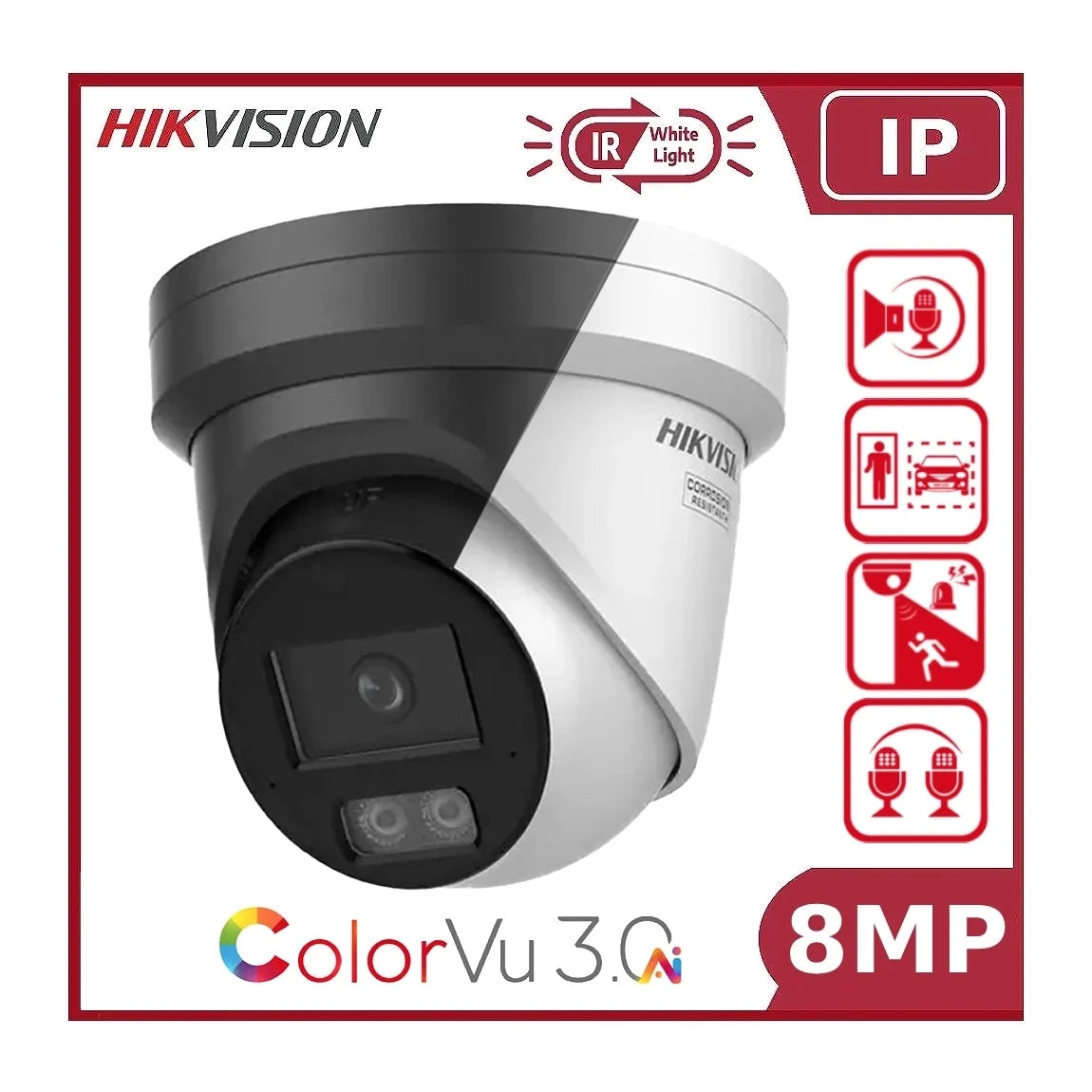 Hikvision DS-2CD2387G3-LIS2UY/SL 8MP 4K ColorVu 3.0 AcuSense Smart Hybrid Light Turret IP Camera with 2-Way Audio