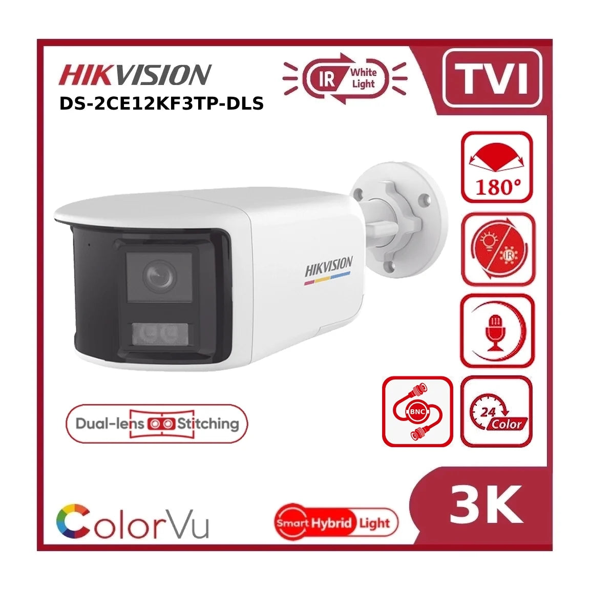 Hikvision DS-2CE12KF3TP-DLS 3K TVI Dual-Lens 180° Smart Hybrid Light ColorVu AoC Bullet Camera with Built in Mic