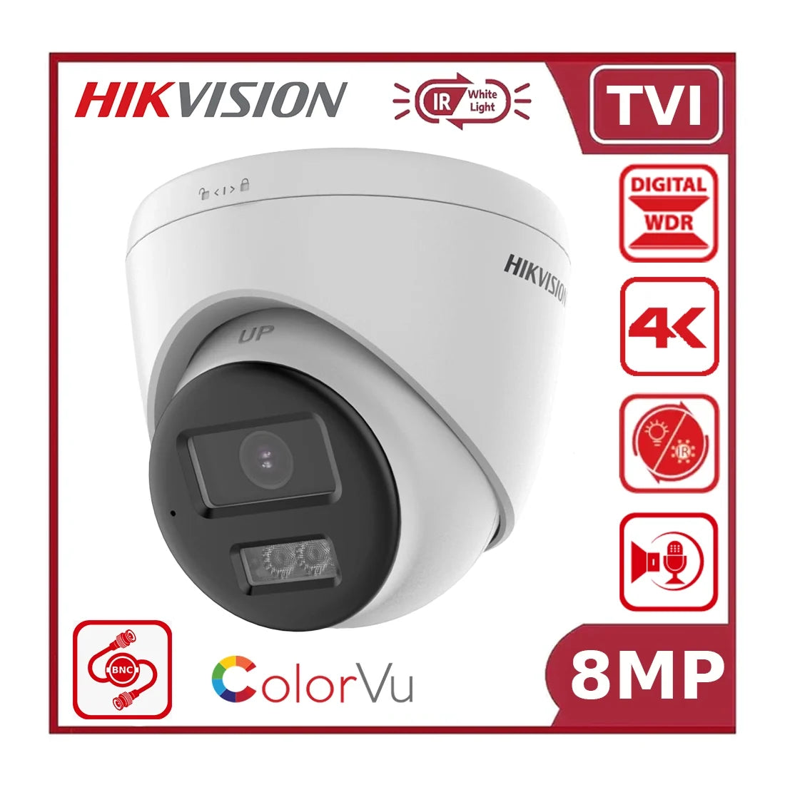 Hikvision DS-2CE78U0T-LTS 8MP Smart Hybrid Light ColorVu + IR TVI CCTV Turret Camera with Two Way Audio