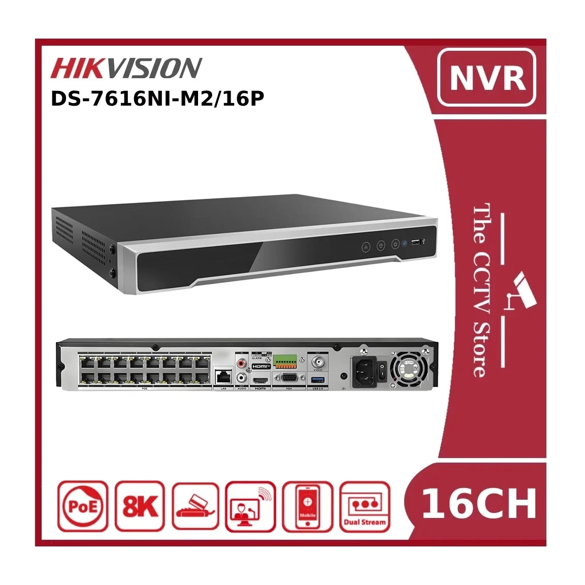 Hikvision DS-7616NI-M2/16P 16-Channel 32MP IP PoE NVR 256 Mbps + 16 x PoE+ Ports 2HDD