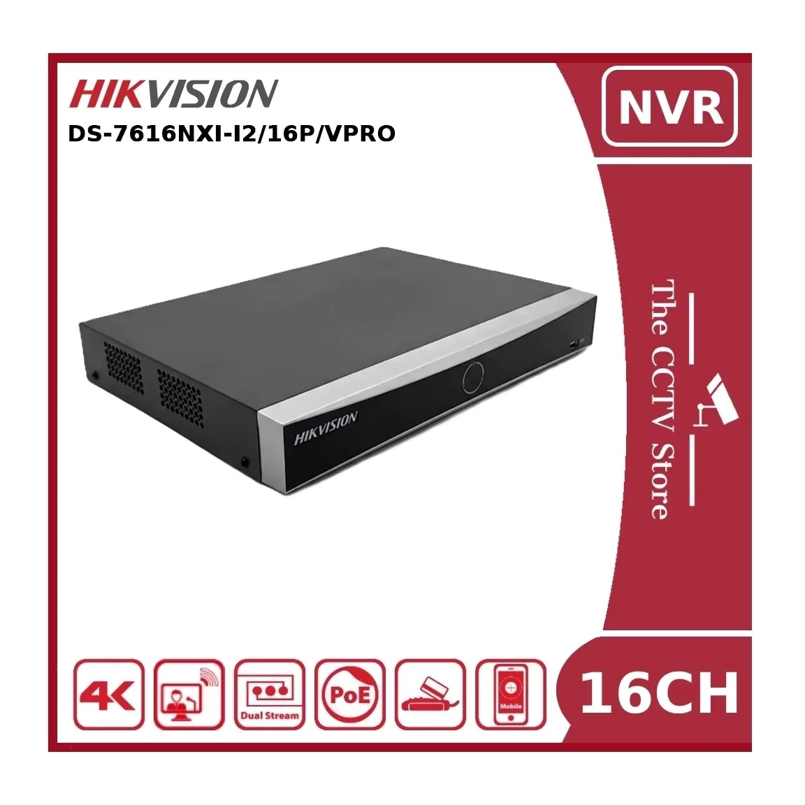 Hikvision DS-7616NXI-I2/16P/VPro 16 Channel AcuSeek AcuSearch PoE NVR, 2 HDD Bays, 4K HDMI, Facial Recognition, ANPR