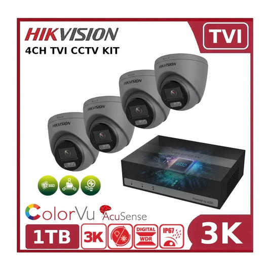 Hikvision 3K ColorVu CCTV Kit with 4 PoC Turret Cameras, AcuSense eDVR & 1TB SSD