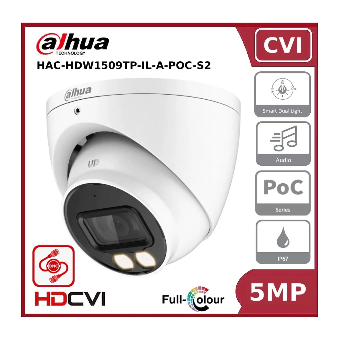 Dahua 5MP DH-HAC-HDW1509TP-IL-A-POC Smart Dual Light IR + LED Full-Colour Turret CVI PoC Camera with Mic - Power Over Coax