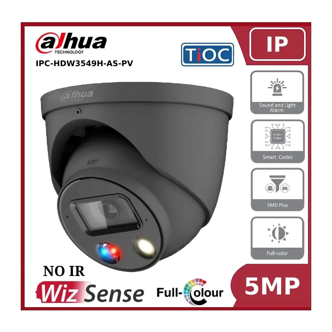 Dahua IPC-HDW3549H-AS-PV 5MP WizSense, TiOC IP67 Fixed Lens, 30M Active Deterrence IP Turret Camera"EOL"