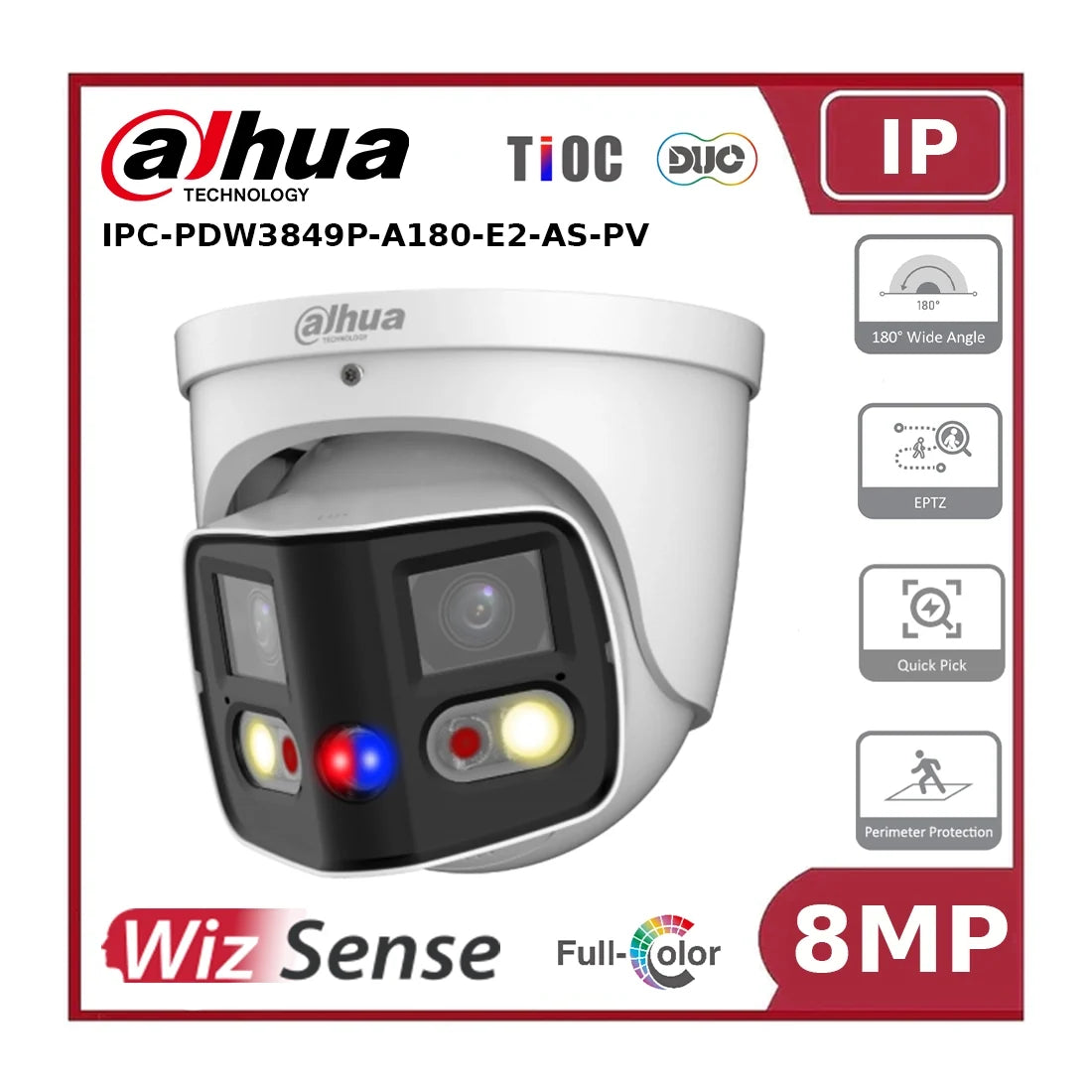 Dahua IPC-PDW3849P-A180-E2-AS-PV - 8MP TiOC IP Turret Camera - 2x4MP TiOC Duo Splicing WizSense Network Camera