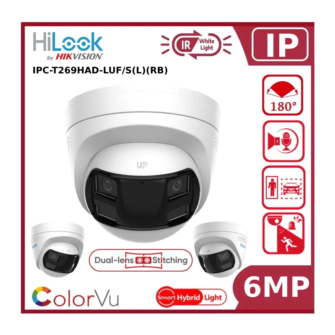 6MP HiLook by Hikvision IPC-T269HAD-LUF/S(L) Dual Lens 180° Smart Hybrid ColorVu + IR Fixed Turret IP Camera with LiveGuard and 2 Way Audio