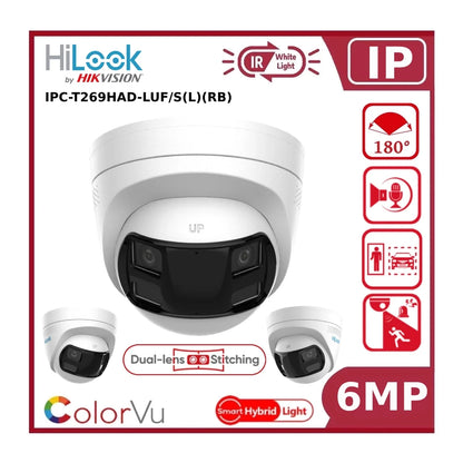 6MP HiLook by Hikvision IPC-T269HAD-LUF/S(L) Dual Lens 180° Smart Hybrid ColorVu + IR Fixed Turret IP Camera with LiveGuard and 2 Way Audio