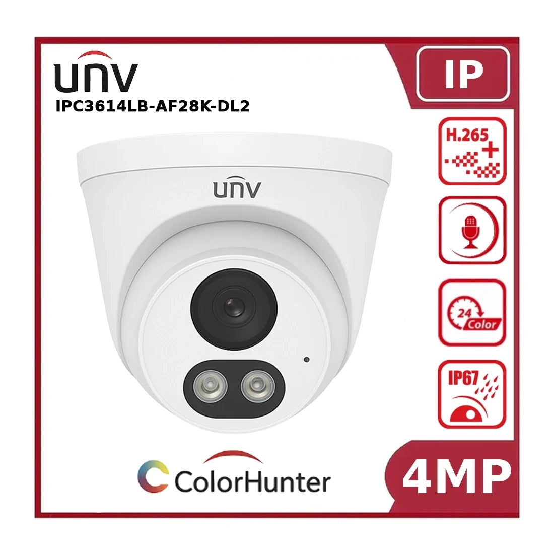 Uniview IPC3614LB-AF28K-DL2 4MP Smart Dual-Light Turret IP Camera- PoE, Built-in Mic, IP67