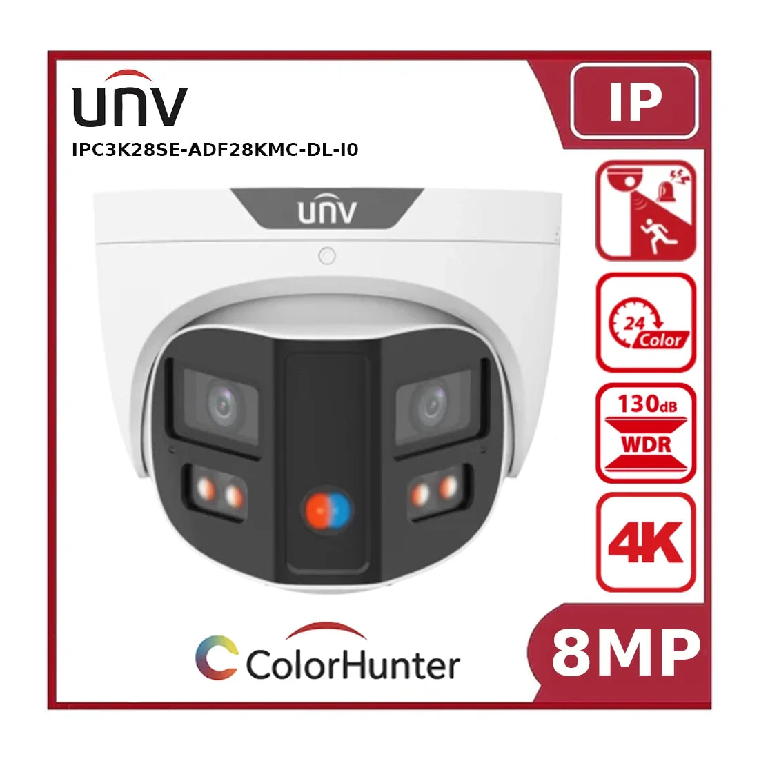 Uniview UV-IPC3K28SE-ADF28KMC-DL-I0 8MP Turret ColorHunter Camera, 2.8mm, Omniview, Two-Way Audio