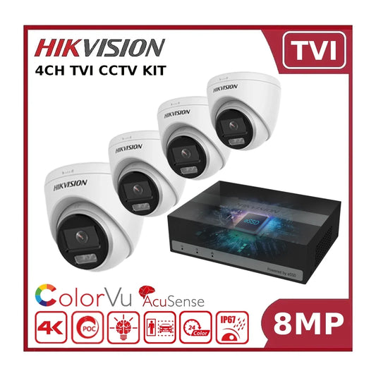 Hikvision 8MP 4K ColorVu CCTV Kit with 4 PoC Turret Cameras, AcuSense eDVR & 1TB SSD
