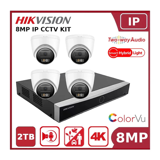 Hikvision 8MP 4K ColorVu CCTV Kit with 4 AI IP Turret Cameras, AcuSense PoE NVR & 2TB HDD
