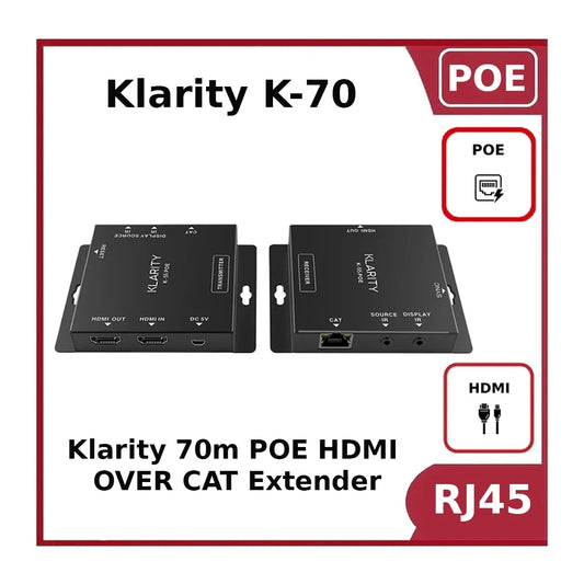 Klarity K-70-HD-POE HDMI Over Cat5/6 Extender with PoE – 70m 1080p Transmission