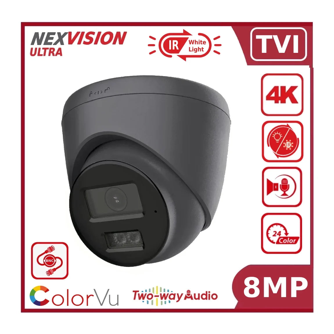 Nexvision Ultra 8MP TVI NVC-T289H-LTS 4K Turret Analigue Camera with Smart-Hybrid Light and Two-Way Audio + IR + White Light IP67