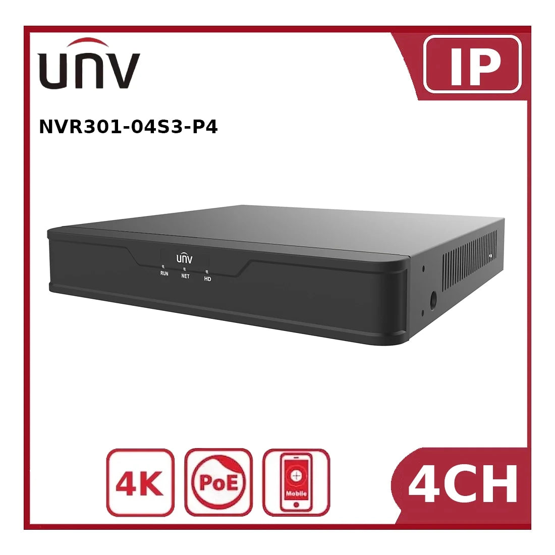 Uniview NVR301-04S3-P4 4-Channel PoE NVR 1-SATA, H.265, 4K HDMI Output