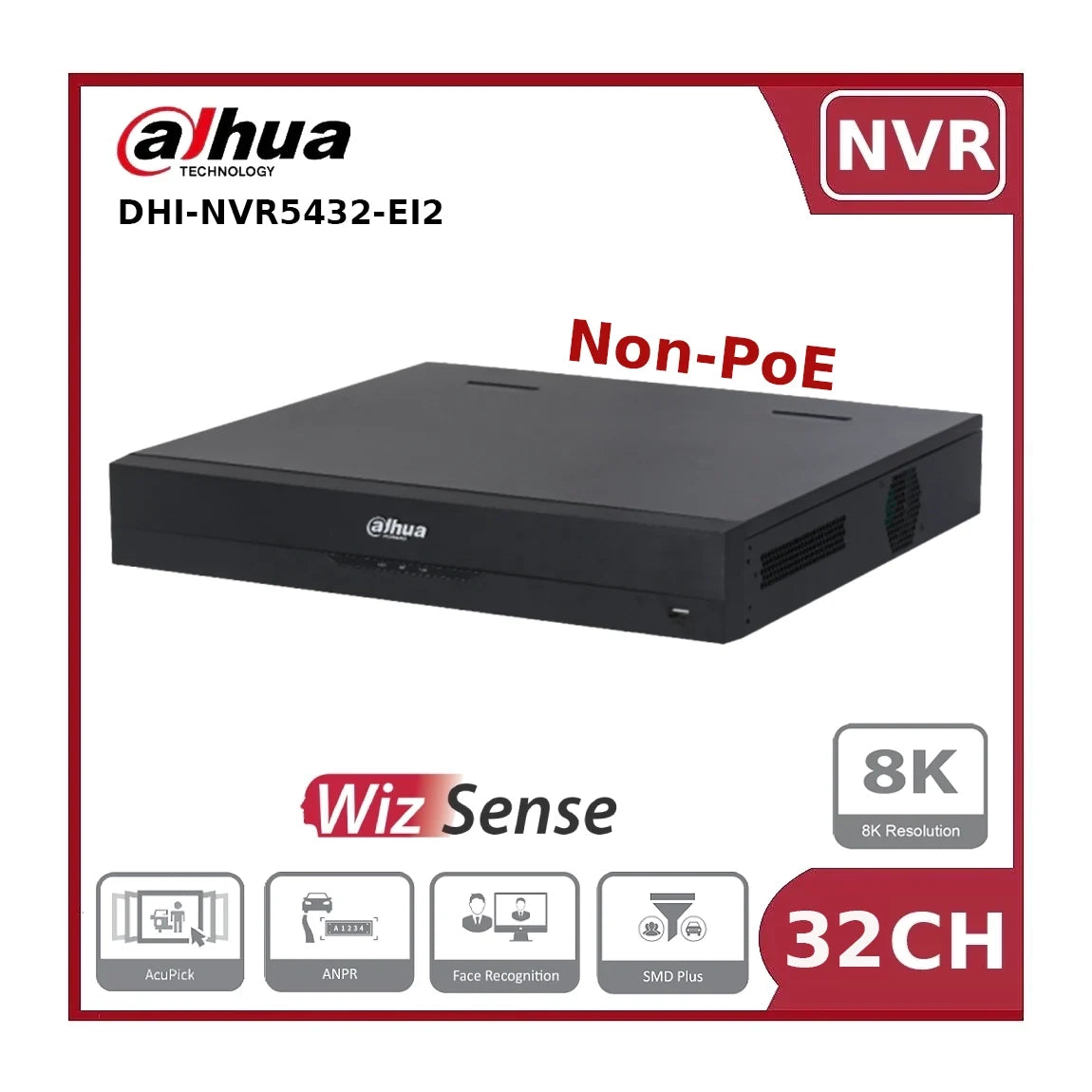 Dahua DHI-NVR5432-EI2 32 Channel WizSense AI NVR (Non-PoE) 4 HDD, 8K HDMI, 32MP, 448Mbps Bandwidth - NR