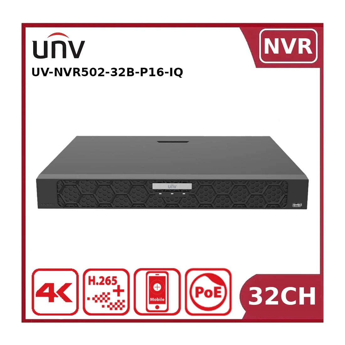 Uniview NVR502-32B-P16-IQ 32-Channel 16MP PoE NVR, Dual-HDD, AI-Enabled - NR