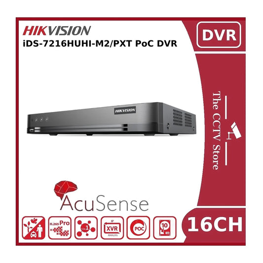 Hikvision iDS-7216HUHI-M2/PXT 16 Channel 8MP-Lite AcuSense PoC Hybrid Turbo HD AoC DVR - Supports Two-Way Audio Technology