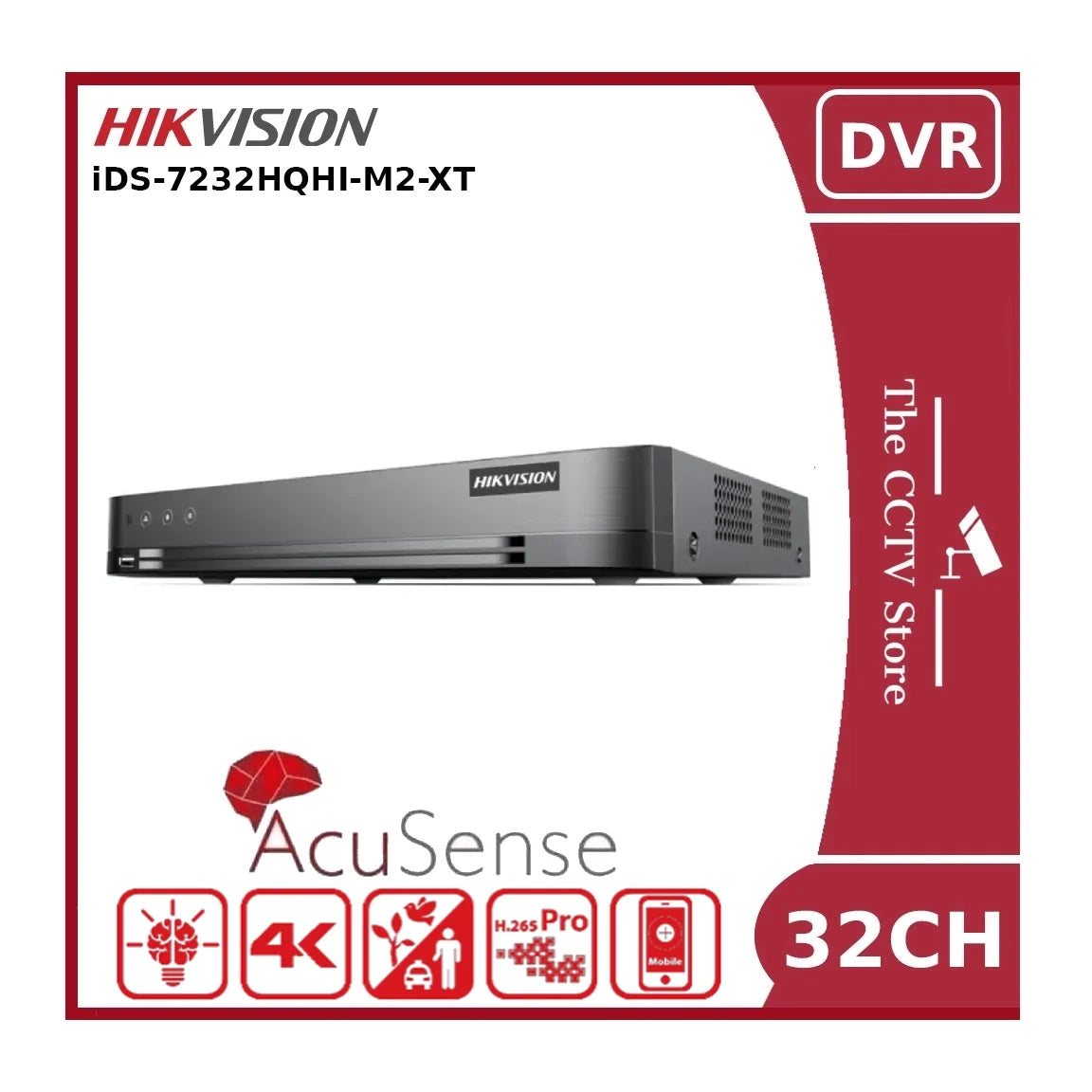 Hikvision iDS-7232HQHI-M2-XT 32 Channel 1080p 1U H.265 AcuSense DVR - 2 Bays - NR